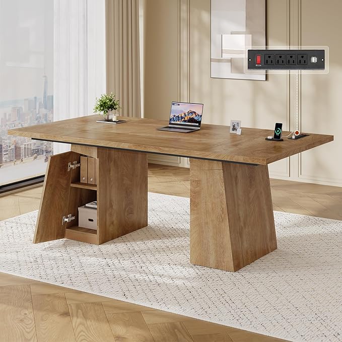 63 in Executive Desk with Power Outlets Modern Home Office Desk with Storage Cabinet Wood Computer Desk Business Workstation Desk Conference Table (Oak)