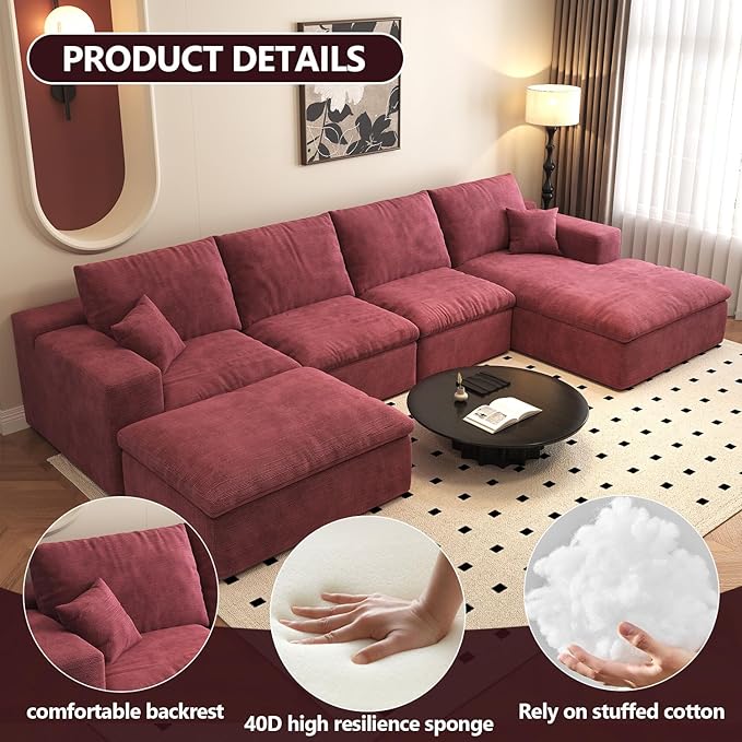 136.6'' U-Shaped Modern Modular Sectional Cloud Couch Whit Ottoman 4-Seat Chenille Deep-Seat Sofa with Pillow for Living Room Bedroom Apartment Wine Red