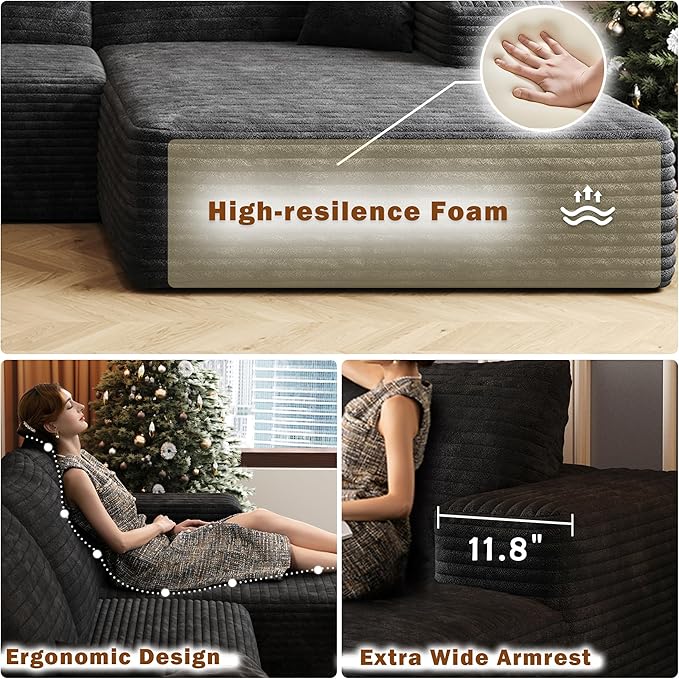 108 W Corduroy Sectional Boneless Cloud Couch with Chaise &amp Ottoman No Assembly Required U Shaped Modular Sectional Sofa Cozy Fluffy Sofa for Living Room (Black Right Facing Chaise+Ottoman) |