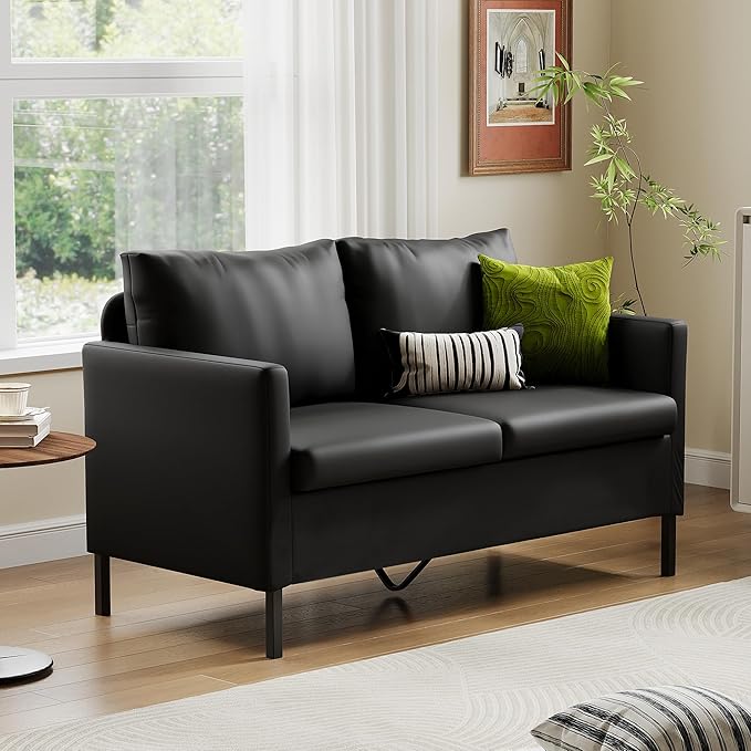 TYBOATLE Faux Leather Modern Small Couches for Small Spaces Comfy Upholstered Love Seat for Bedroom 2 Seater Mini Couch for Apartment Dorm Office Black