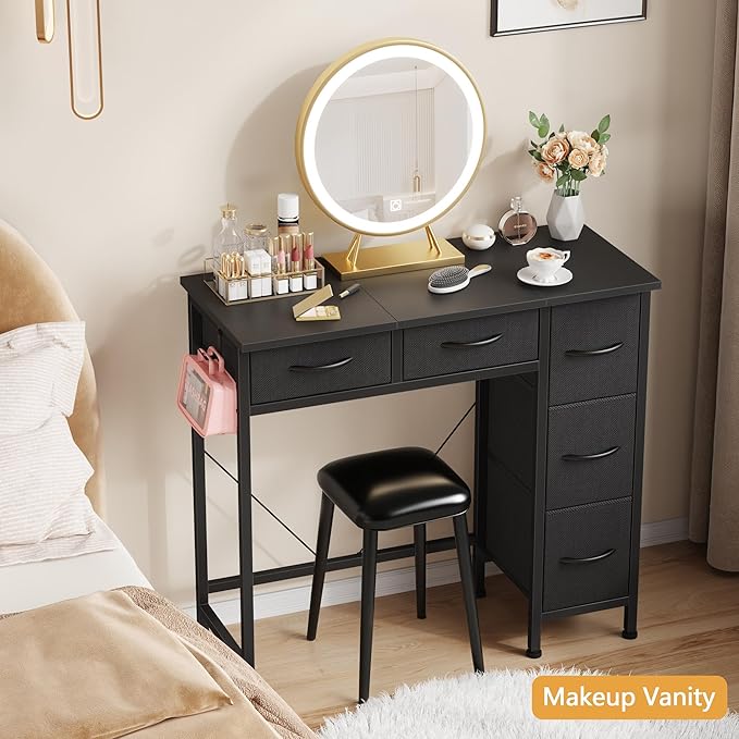 Small Desk with 5 Fabric Drawers 33 Inch Writing Desk for Home Office Simple PC Desks for Small Place Kids Girls Teen Study Table Vanity for Bedroom Dorm Black 14 D