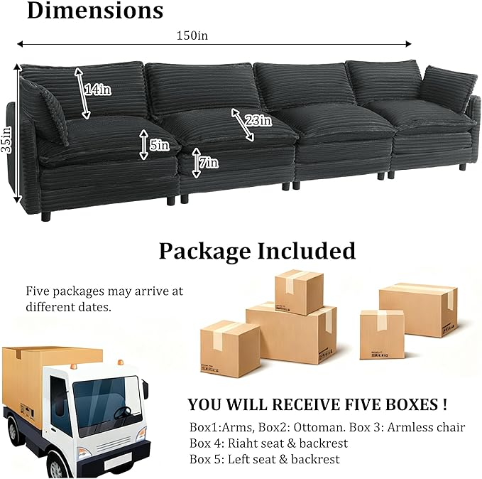 150'' Modular Sectional Sofa Comfy Cloud Couch with Movable Ottoman Deep Seat Corduroy Modular Sofa Sectional Couches for Living Room Bedroom and Apartment Dark Grey