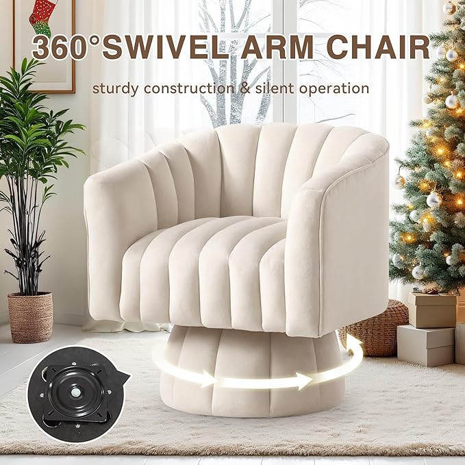 YSICK Swivel Accent Chair 360°Swivel Barrel Chair Modern Ottoman with Velvet Fabric Mid-Century Ottoman with Wide Upholstered Round Armchair for Living Room Lounge BedroomBeige