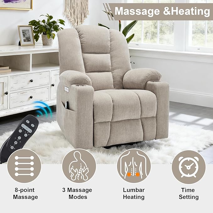 Power Lift Recliner Chair for Eldery Chenille Electric Recliner Chairs with Massage and Heat Remote Control Standing Assistance Lay Flat Recliner Sofa for Living Room Medium-FirmBeige
