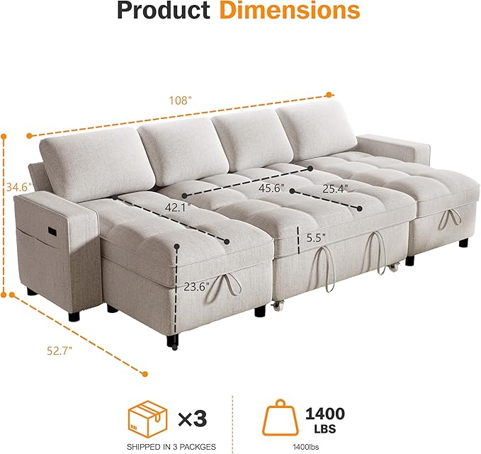 Sunny Heart Modular Sectional Sleeper Sofa with Pull Out Bed Chenille U Shaped Sectional Sofa with USB Ports/Adjustable Backrest/2 Storage Seats Tool-Free Assembly Couches for Living Room Beige