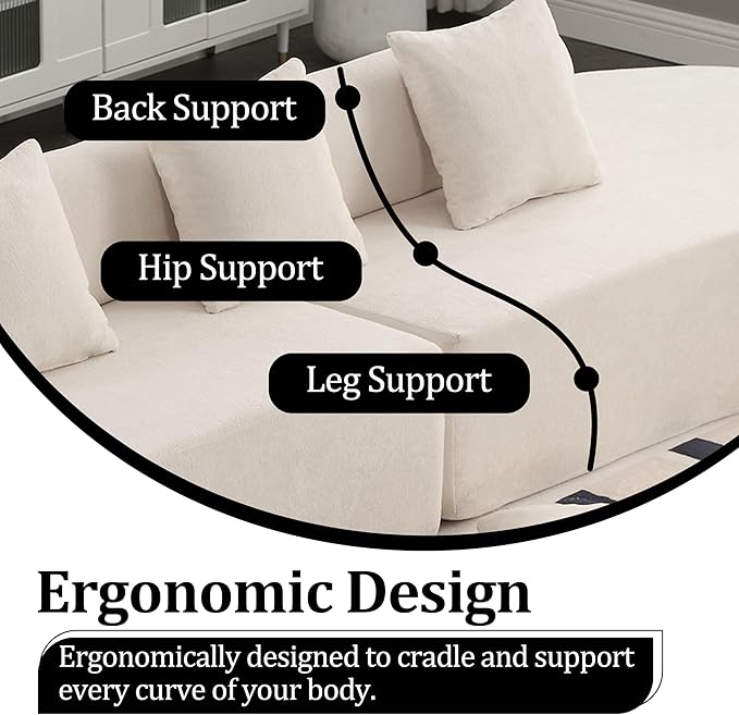 130'' Curved Modular Sectional Long Sofa Modern Cloud Boneless Deep Seat Couch Plush Terry Cloth Compressed Upholstered Lounge Sofa for Living Room No Assembly Required Beige 3 Pillows