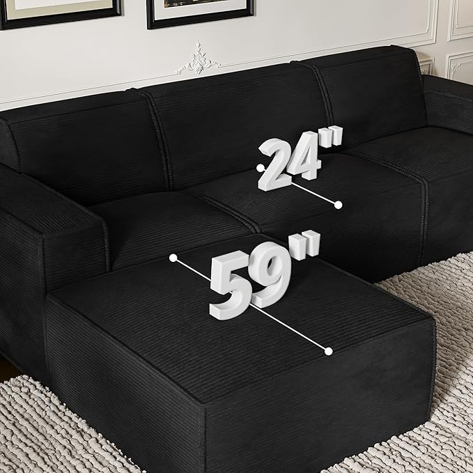 Cozy Castle 142 Modular Sectional Sofa L Shaped Corduroy Boneless Couch with Deep Seat and Ottoman Chaise Cloud Sofa Upholstered Couches for Living Room Bedroom No Assembly Required (Black)
