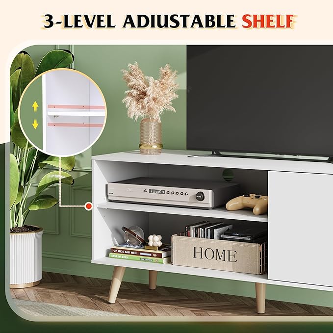 WLIVE TV Stand for 55 Inch TVs Entertainment Center with Storage Cabinet Mid-Century TV Stands for Living Room and Bedroom 50 TV Console White