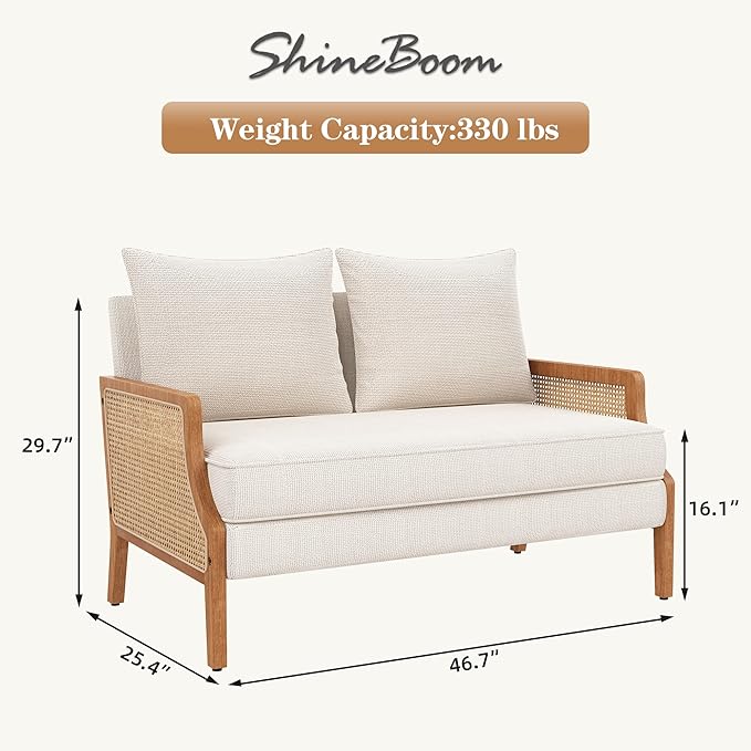 Loveseat Sofa Couches with Rattan Arms and Pillows for Living Dining Room Bedroom Office Entryway Small Spaces Ivory