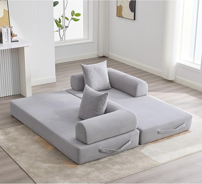 Convertible Sleeper Sofa Bed with Fixed-Shape Frame Floor Sofa Lounge Couch with Cylindrical Pillow Corduroy Folding Mattress Couch for Living Room Bedroom Light Grey