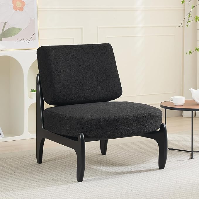 Qulomvs Modern Accent Chair Mid Century Accent Chair with Wooden Frame Upholstered Comfy Reading Chair Armless Side Sofa Chair for Living Room Bedroom (Black Teddy Fabric)