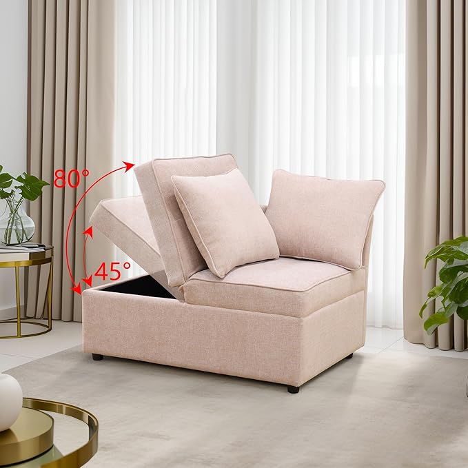 Convertible Ottoman Sofa with Storage Modern Sackcloth Futon Couch with 2 Pillows Adjustable Backrest Recliner Folding Loveseat for Living Room Apartment Dorm OfficePink