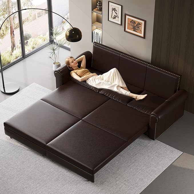 93.7 Faux Leather Convertible Sleeper Sofa 3 in 1 King Size Pull Out Sofa Bed Oversized Loveseat Couch for Living Room Bedroom Dark Brown