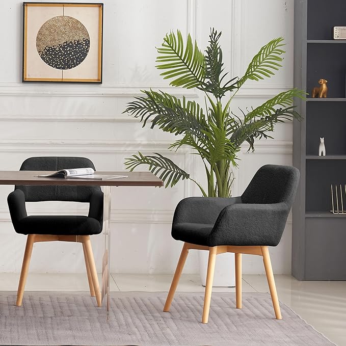 Mid Century Modern Dining Chairs Set of 2 &amp 4 &amp 6 Comfy Accent Chair Upholstered Kitchen Dining Living Room Chairs for Bedrooms Waiting Room Home Arm Desk Chair No Wheels (Wool Black 2)