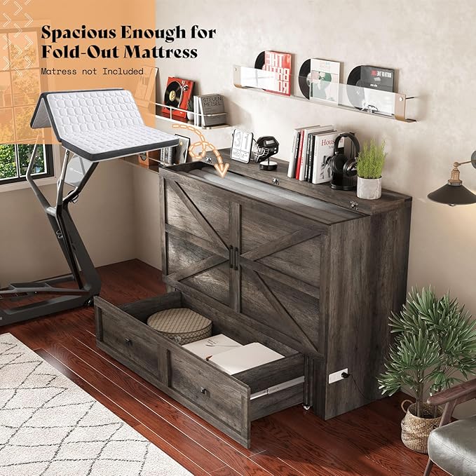 AMERLIFE Queen Murphy Bed with Storage &amp Charging Station Farmhouse Murphy Cabinet with Foldable Panel Noisy Free for Living Room Guest Bedroom Office Rustic Grey
