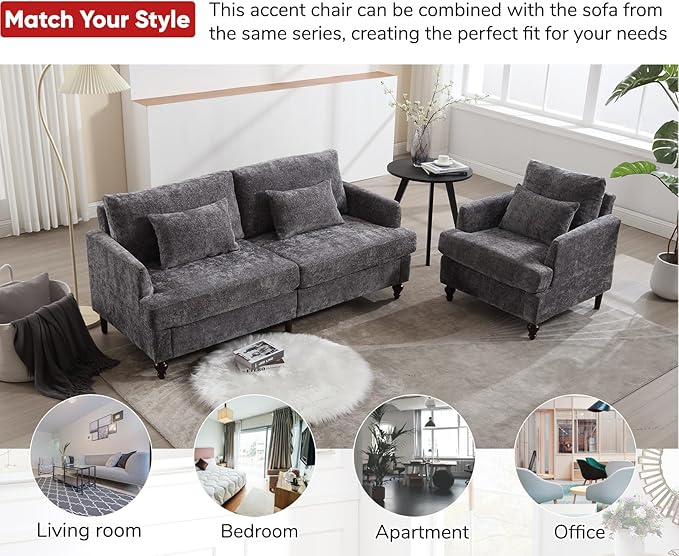 JOYBASE Accent Chair Single Sofa Chair Mid-Century Modern Upholstered Armchair Reading Club Chair for Living Room Office Bedroom (Grey Chenille)
