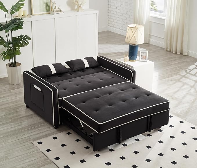 3 in 1 Convertible Sleeper Sofa Bed Small Couch for Living Room Bedroom with Pullout Bed Adjustable BackrestVelvetLoveseat Sofa BedFuton Couches (Black)
