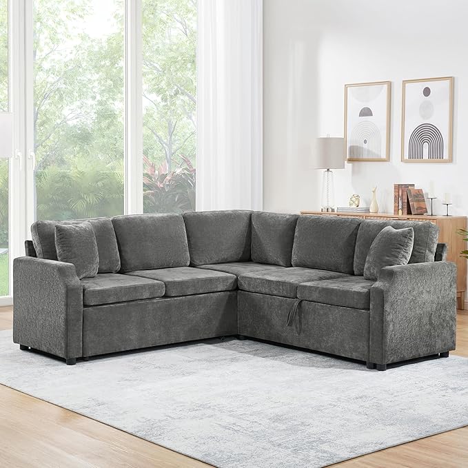81.9 Sectional Sofa Bed L-Shaped Sectional with a Hidden Storage Compartment Versatile Pull-Out Sofa Bed with Cozy Throw Pillows for Living Room Apartments Offices (Gray-04e)