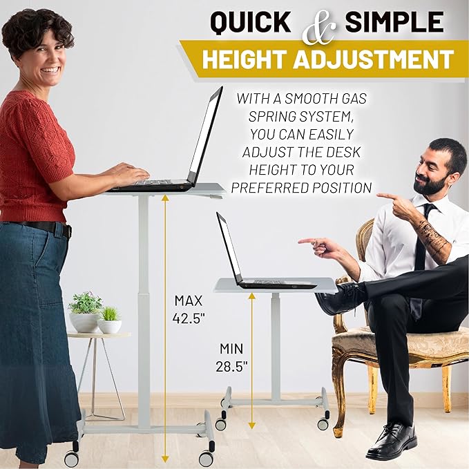 NEWBULIG Mobile Laptop Standing Desk- Overbed Table Adjustable Height Desk Stand Up Desk Small Rolling Sit Stand Desk Teacher Podium with Wheels White