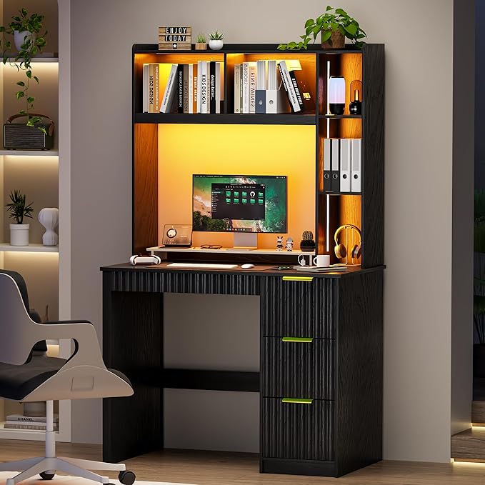 Home Office Desk with Hutch &amp LED Lights - 39 Computer Desk with Charging Station 3 Large Drawers Hidden Compartment &amp Fluted Panel DesignBlack Writing Desk for Bedroom Study