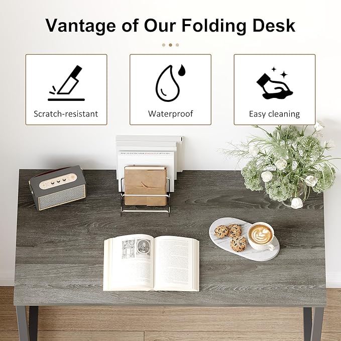 EMODA 40 inch Folding Desk No Assembly Required Home Office Desk Study Writing Gaming Computer Table Black Oak