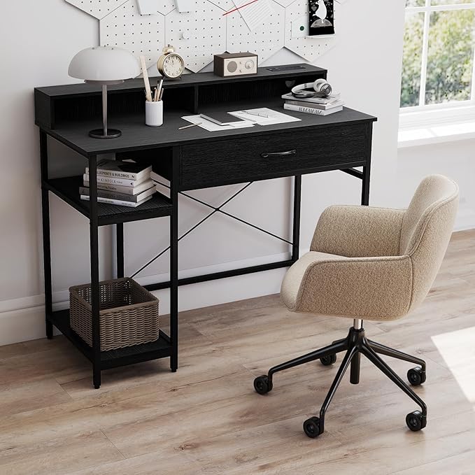 Tangkula Small Computer Desk with Power Outlets 42 Writing Desk with Hutch Drawer &amp 2 Open Shelves Gaming Table with Heavy-Duty Metal Frame for Home Office (Black)