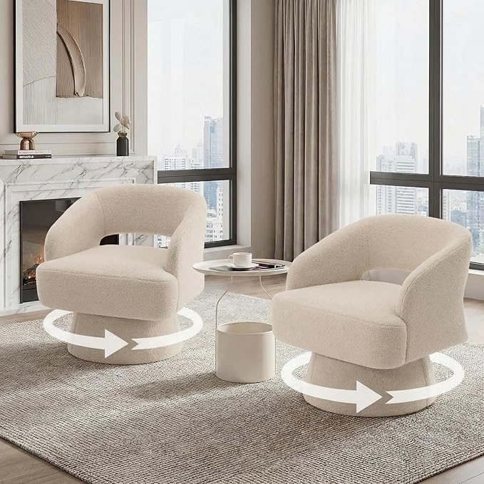 Swivel Barrel Chair - Velvet Upholstered Modern Armchair with Striped Backrest &amp Plush Padding Round Lounge Chair for Living Room Bedroom (Camel-Openwork-(2 Pcs))