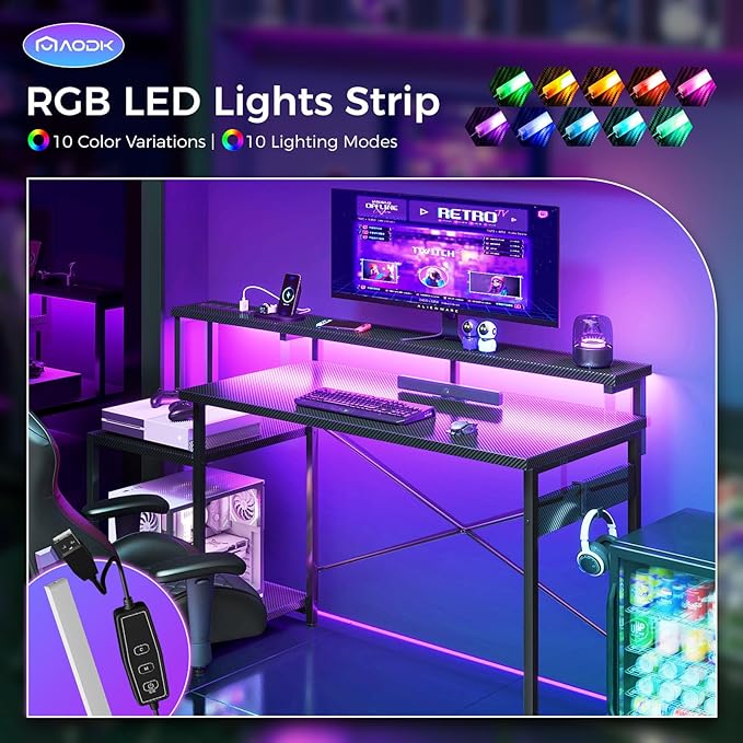 AODK Computer Desk 56 Inch Gaming Desk with Led Lights &amp Power Outlet Office Desk with Storage Shelves Reversible Desk with Monitor Shelf &amp Headphone Hook Carbon Fiber Black