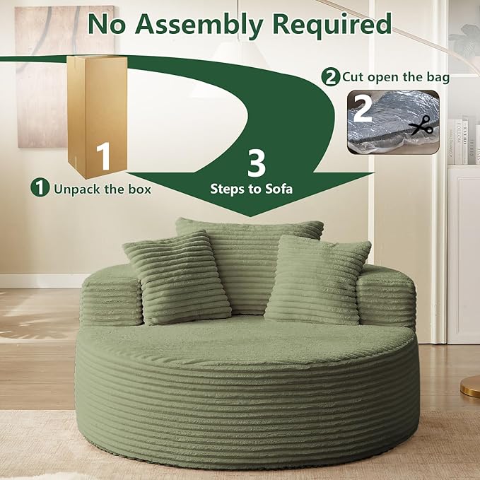 55''L Oversized Round Chaise Longue Chair Indoor Corduroy Sponge Single Sofa Oversized Round Chairs Modern Sleeper Chair for Living RoomProjection Room Wide Armrest Chairs Green