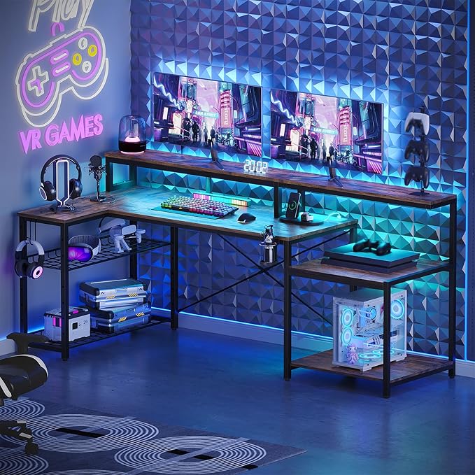 Bestier 71.5 inch Computer Desk with Power Outlets L Shaped LED Home Office Desk with Long Monitor Stand Large Corner Desk with Storage Shelf Cup Holder &amp Headset Hooks Modern Simple Table