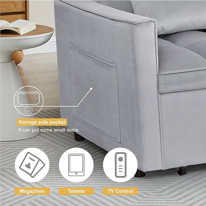 Convertible Sofa Bed Love Seat Sleeper Bed with Side Pockets 3 in 1 Velvet Fabric Pull Out Couch with Adjustable Backrest for Living Room Bedroom Apartment Light Gray