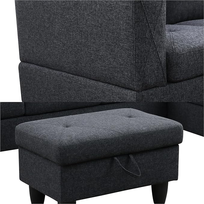 L Shaped Sectional Couch with Reversible Cup Holder and Chaise 4 Seater Lounge Sofa Modern Nailhead Design with Storage Ottoman Dark Grey