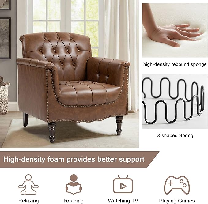 Faux Leather Accent Chair Modern Armchair Club Chair with Nailhead Trims &amp Wood Legs for Living Room Upholstered Comfy Arm Chair Side Chair for Office Bedroom-Brown