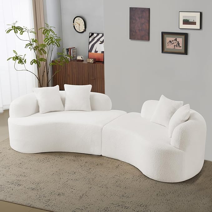 106.7 Curved Loveseat Sofa for Small Spaces - Plush Teddy Fleece Fabric Modern Love Seat with Pocket Springs &amp Memory Foam Boneless Floor Couch Set Living Room Studio 38.6 Extra Deep Seat (Whi