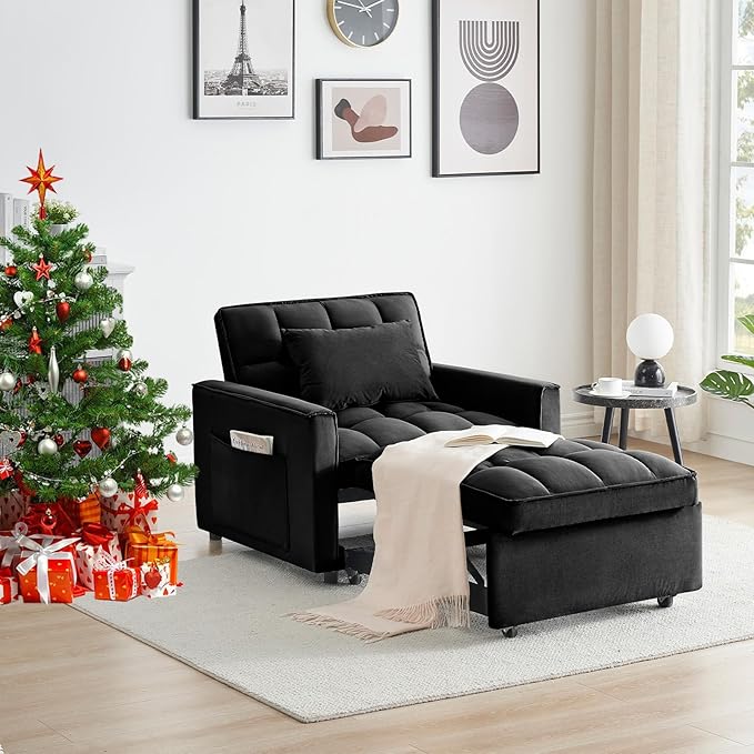 3 in 1 Convertible Sleeper Sofa Chair Modern Pull Out Couch Bed Single Recliner with Adjustable Back Velvet Futon Folding Sofa Bed Chair for Living Room Bedroom Small Spaces (Black)
