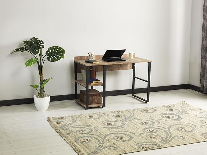 Penau Black Metal Frame Writing and Computer Desk 58In Solid Wood Top with 2 Shelves Home Office Furniture Oak Finish 24In Depth 32In Height 45Lbs Weight