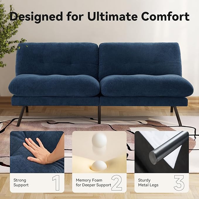 71 Convertible Futon Sofa Bed Blue Futon Couch with Adjustable Backrest Folding Small Recliner Sleeper Sofa Bed for Living Room Apartment Office