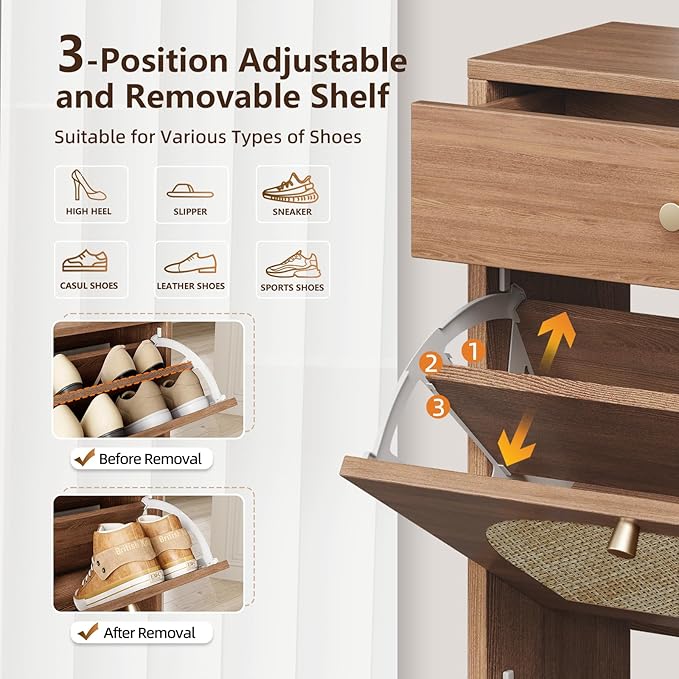 Nicetree Shoe Cabinet for Entryway Slim Shoe Rack with 2 Flip Drawers and Top Storage Drawer Narrow Shoe Organizer with Arched Rattan Accent Entryway Shoe Storage for Size 12 Shoes Caramel