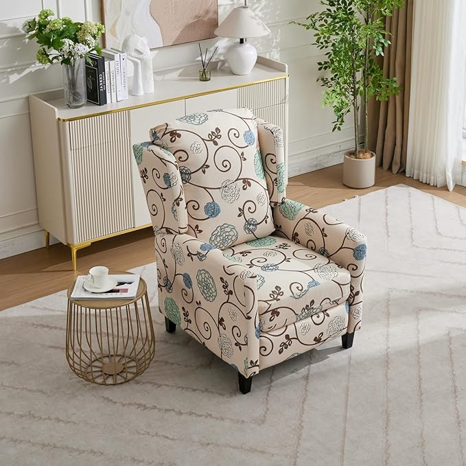 Push Back Recliner Chair with High Back Blue Floral Print Fabric Upholstery Classic Wing Back Design 250 LBS Capacity (Beige)