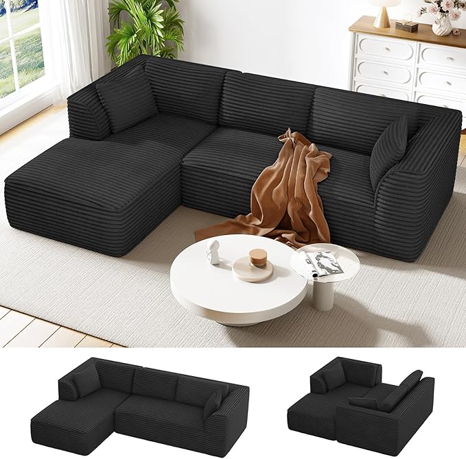 Vesgantti 106 Cloud Sectional Couch with Chaise Deep Seat Comfy Modular Sectional Sofa Corduroy Memory Foam Boneless Couches for Living Room Bedroom No Assembly Required (Black Left-Facing Chaise)