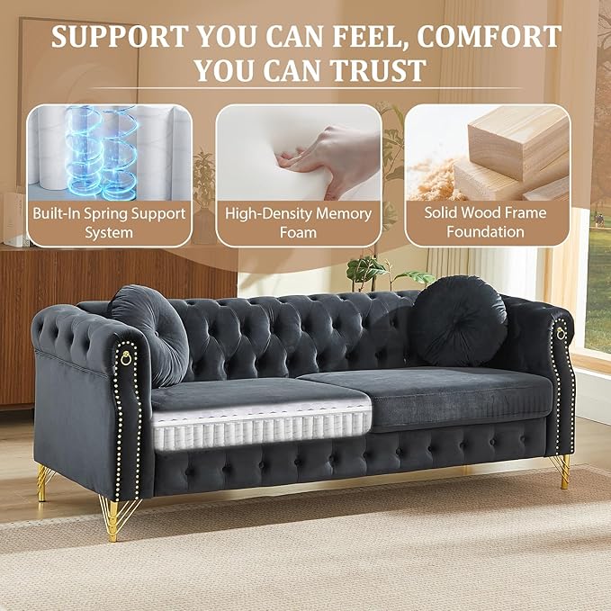 Chesterfield Velvet Button Tufted Sofa 2-Pieces 82 inch Modern 6-Deep Seater Couch Retro Style Upholstered Comfy Loveseat Sofa for Living Room Bedroom Apartment Office Black