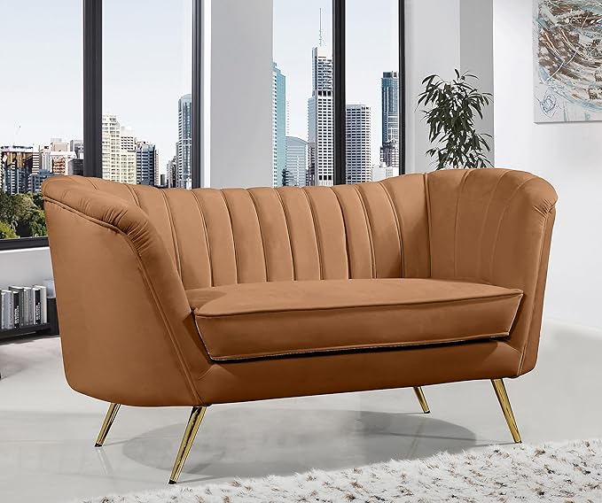 Meridian Furniture 622Saddle-L Margo Collection Modern Contemporary Velvet Upholstered Loveseat with Stainless Steel Base in a Rich Gold Finish Saddle 65 W x 30 D x 33 H