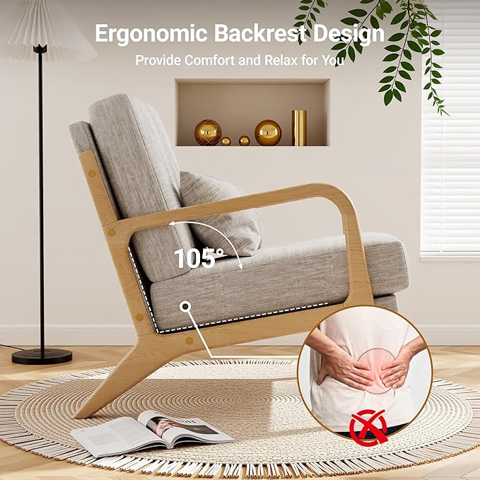 Claiks Mid-Century Modern Accent Chair Living Room Armchair with Solid Wood Frame &amp Lumbar Pillow Comfy Upholstered Lounge Chair for Bedroom Office Linen-Like Fabric Light Gray