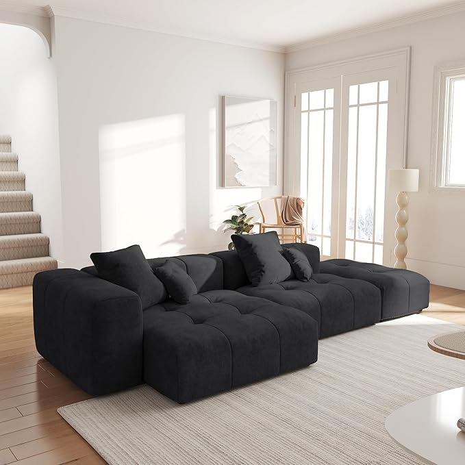WJShome 119 L Shaped Sectional CouchModern Modular Sofa with OttomanLinen Deep Loveseat with Pillows Couches for Living Room Bedroom and ApartmentBlack