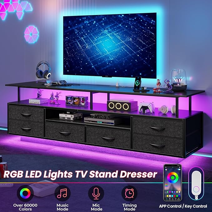 BTHFST TV Stand for 65 70 Inches TV with LED Lights &amp Power Outlets Entertainment Center with Open Shelves &amp 6 PU Fabric Drawers TV Media Console Table for Living Room Bedroom Black