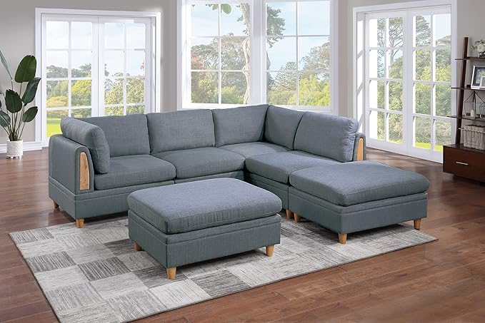 Living Room Seating Set: Contemporary Armless Chair in Steel Color Fabric - 1 Piece - Wooden Deco Base