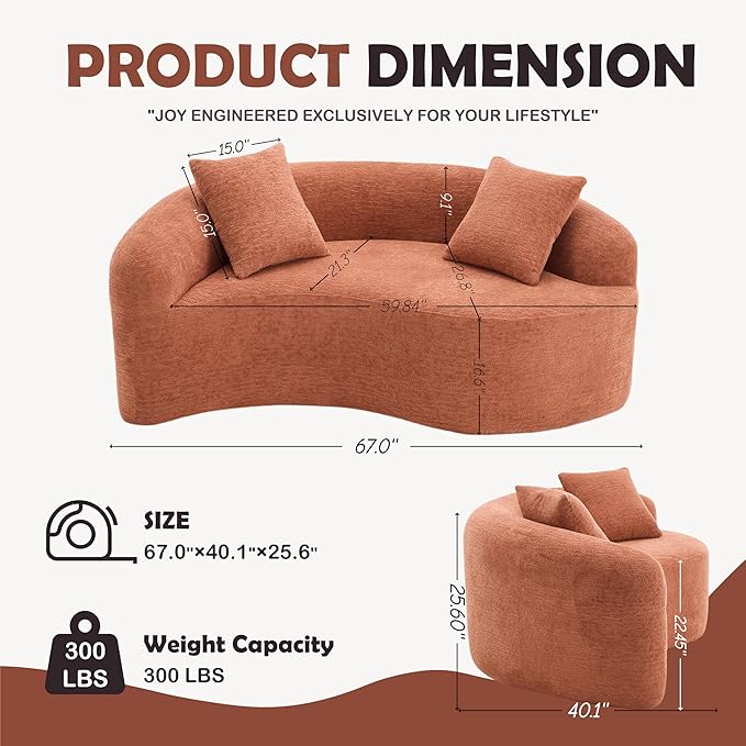 Luxury Modern Chenille Sectional Sofa Tai Chi Curved Compression Couch Boucle Cozy Soft Loveseat for Living Room Apartment Office (Coral)