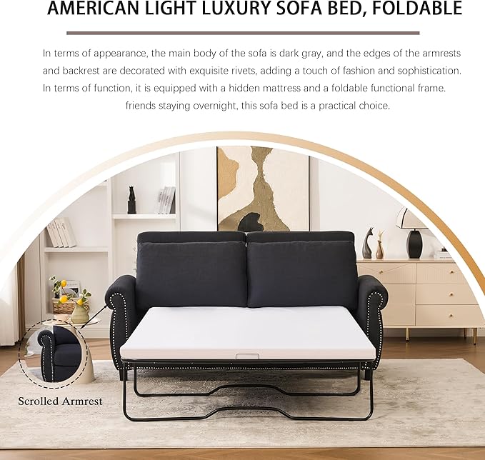Queen Pull Out Sofa Bed 74' Large Convertible Sleeper Sofa 2 Seater Loveseat Sofa-Bed with Queen Size Mattress for Living Room Small Spaces Apartment Studio Dark Gray