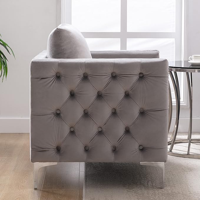 Modern Velvet Armchair Tufted Button Accent Chair Club Chair with Steel Legs for Living Room BedroomGrey