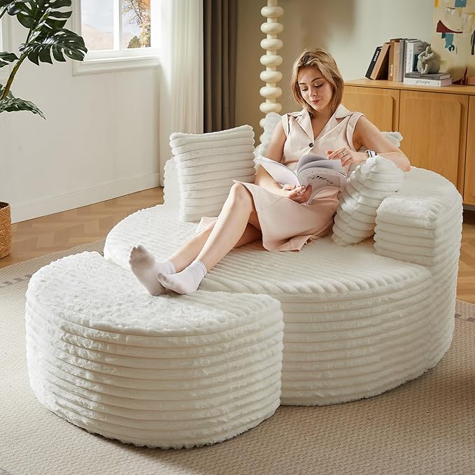 74.6 Oversized Round Chaise Lounge Chair with Ottoman Indoor Fluffy Upholstered Corduroy Deep Seat Large Boneless Circle Couch Sofa Chairs for Living Room Bedroom No Assembly Required White